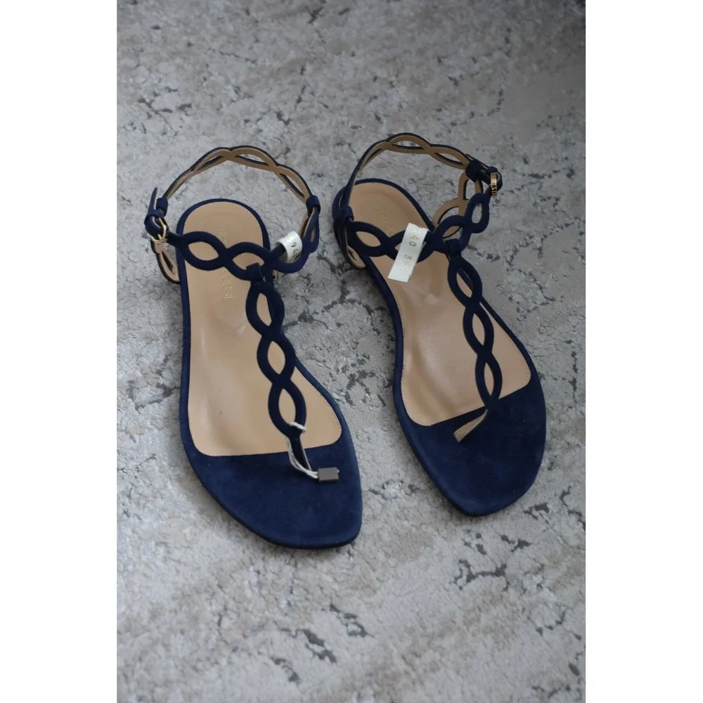 Sergio Rossi Navy‎ Suede Braided Ankle Strap Flat Sandals Size 35.5